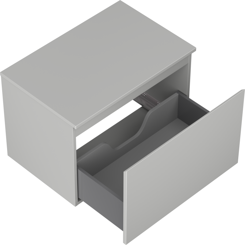 Servantskap uten vask grå Mexen Orio 70 cm med én skuff, skrå vinkel og delvis åpen skuff.