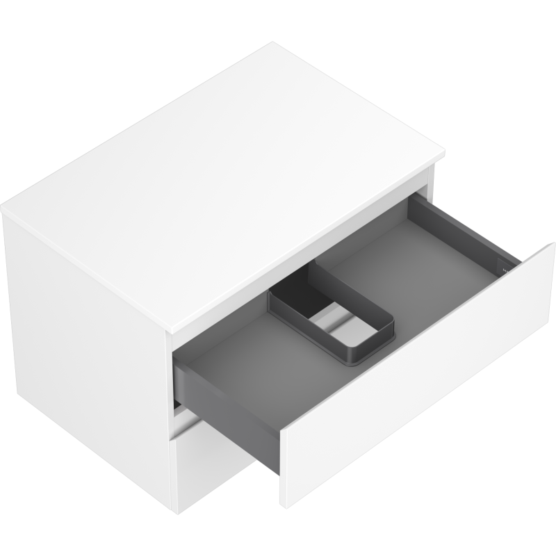 Servantskap uten vask 70 cm hvit matt med grå skuff og synlig integrert romdeler sett ovenfra.