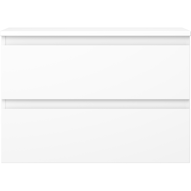 Underskap til servant i hvit matt finish med to brede skuffer og innfelte håndtak, sett forfra.