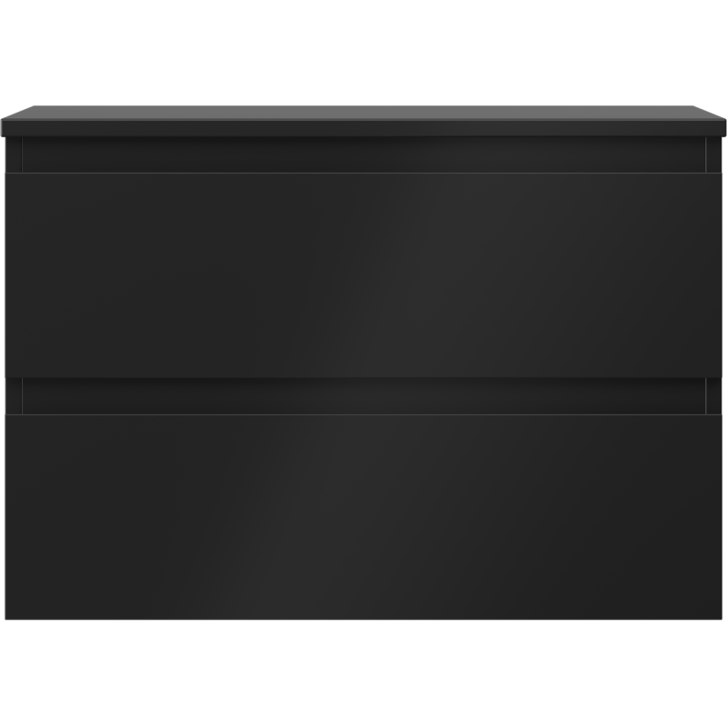 Underskap til servant i svart matt med to brede, glatte skuffer uten håndtak, sett rett forfra.