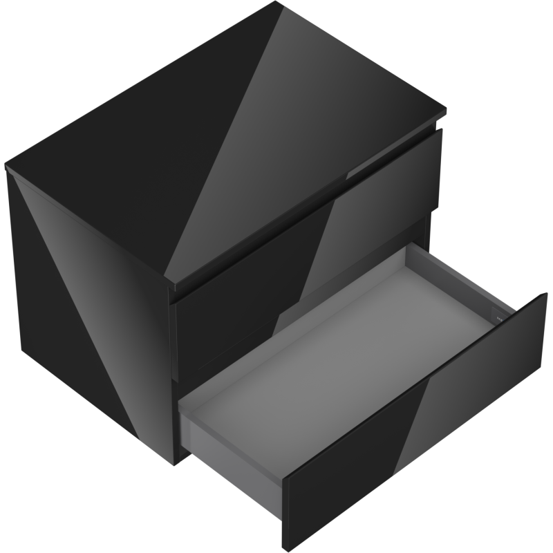 Servantskap til bad svart høyglans Mexen Orio, 70 cm, med åpen skuff sett fra skrå vinkel.