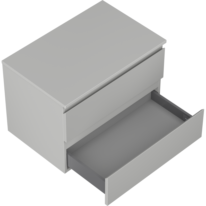 Servantskap til bad 70 cm grå matt, sett ovenfra med åpen skuff og moderne, håndtaksløst design.