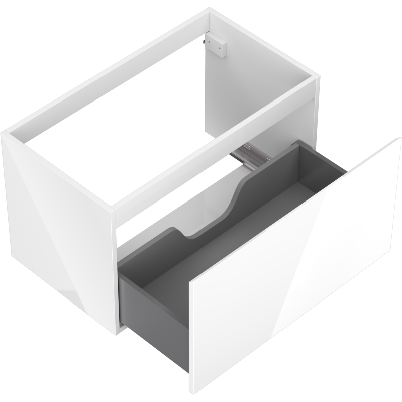 Servantskap uten vask 80 cm hvit høyglans med åpen skuff og grå innside, sett ovenfra i vinkel.