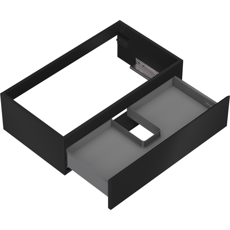 Servantskap uten vask 80 cm svart matt med én skuff og U-formet utsparing sett fra skrå vinkel.