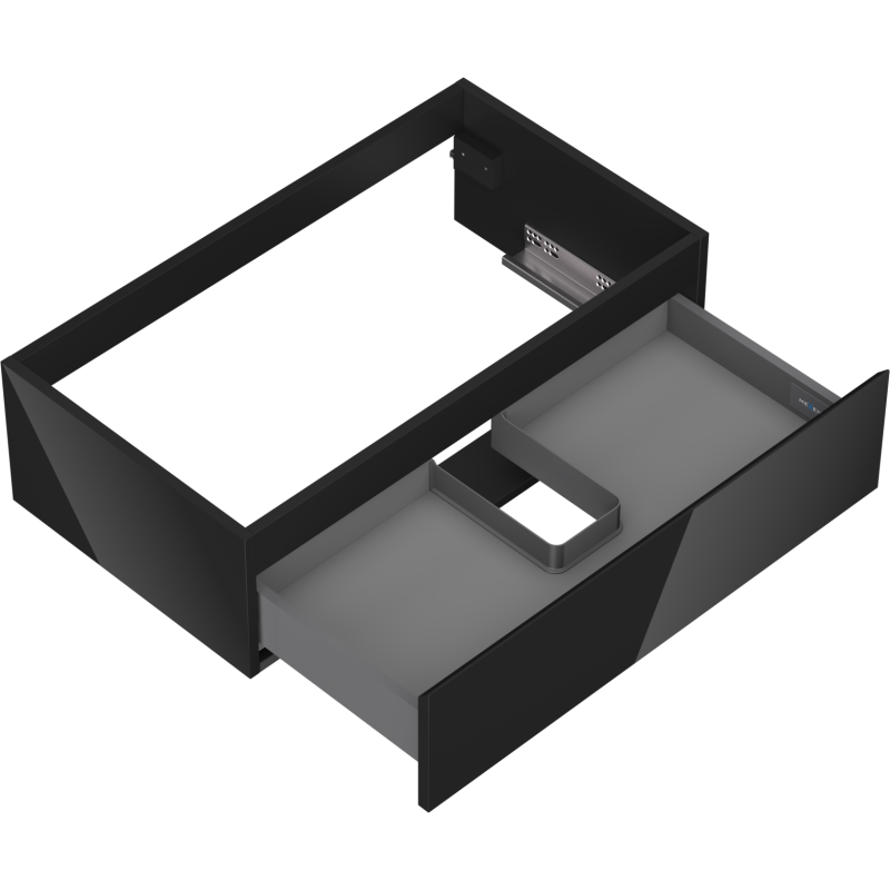 Servantskap uten vask svart høyglans Mexen Orio 80 cm med åpen U-formet skuff sett skrått ovenfra.