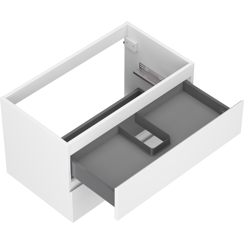Servantskap uten vask 80 cm hvit matt med to skuffer, grå innerskuff og utsparing i midten.