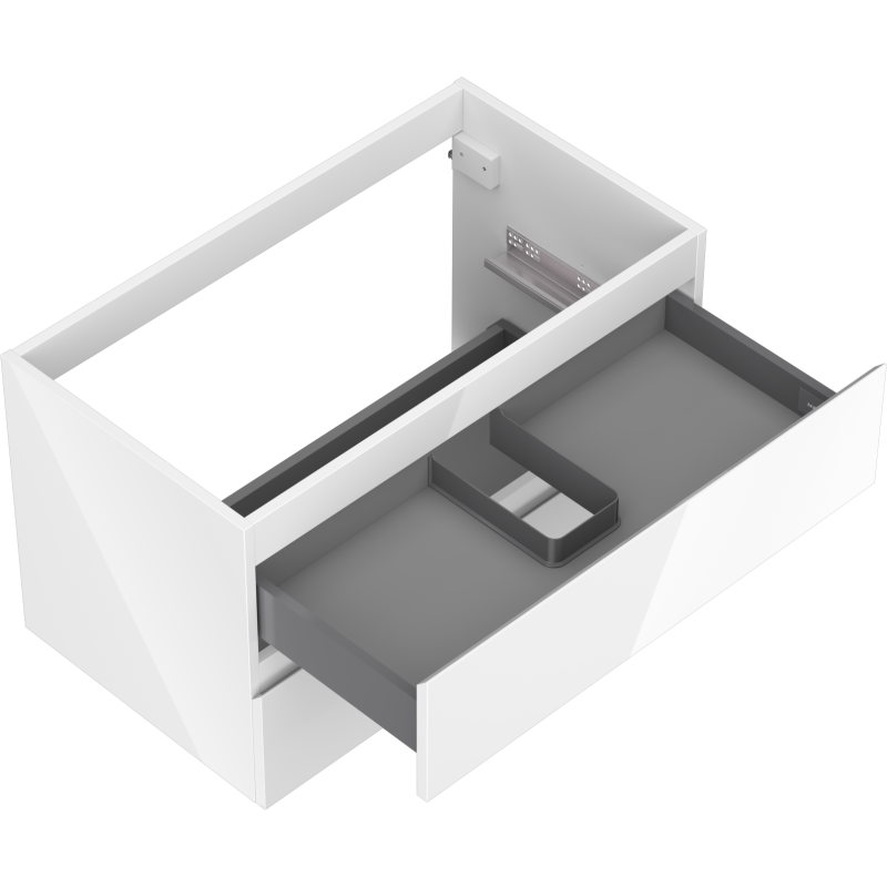 Servantskap uten vask hvit høyglans Mexen Orio 80 cm med grå innerskuff trukket ut.