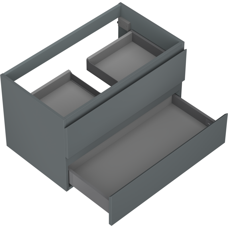 Servantskap til bad i grafitt matt med to åpne skuffer, vist fra skrå vinkel uten håndtak.