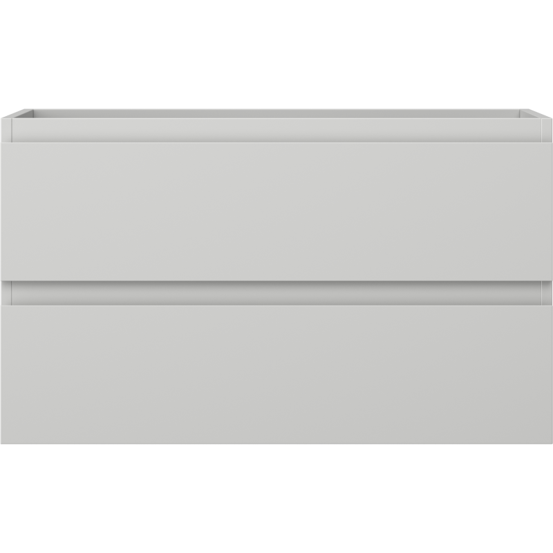 Underskap til servant i grå matt finish med to håndtaksløse skuffer, sett rett forfra.