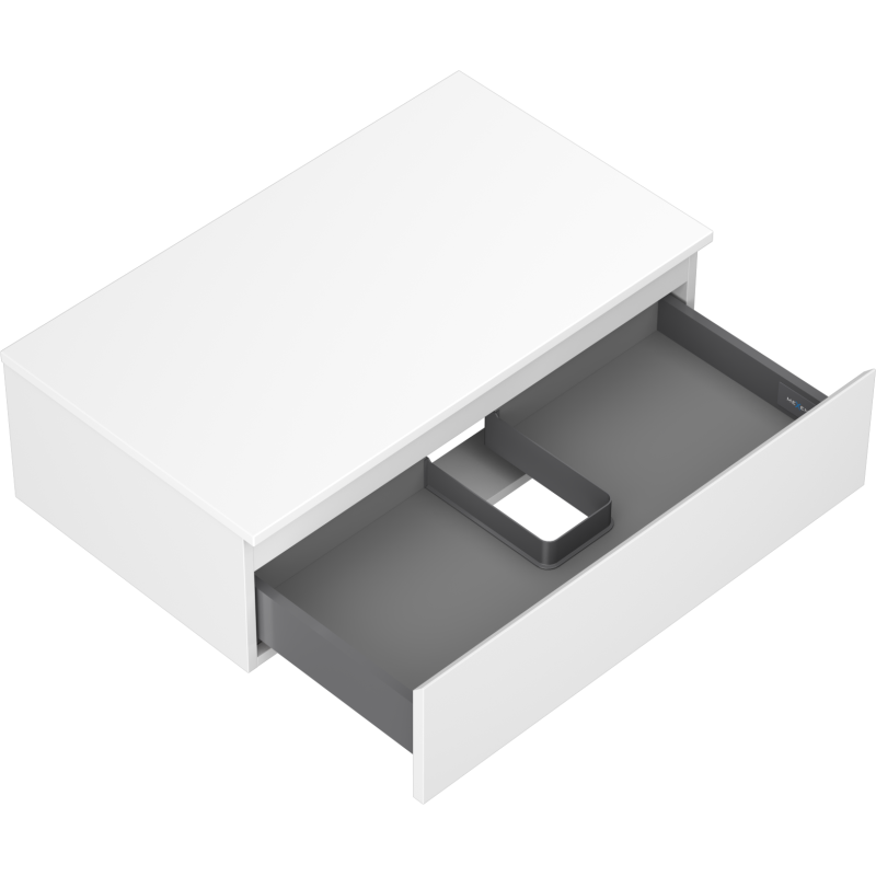 Servantskap uten vask 80 cm hvit matt med delvis åpen skuff og grått interiør, sett skrått ovenfra.