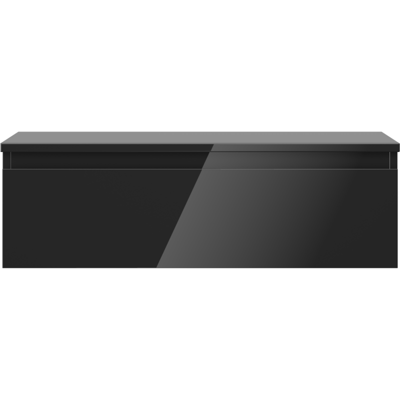 Underskap til servant i svart høyglans med reflekterende skuffefront, minimalistisk design uten håndtak.