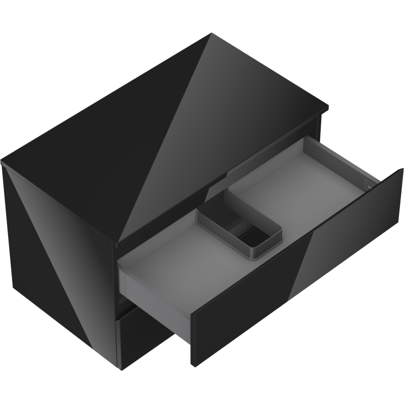 Servantskap uten vask 80 cm svart høyglans med åpen skuff og avtagbart rom, sett fra skrå vinkel.