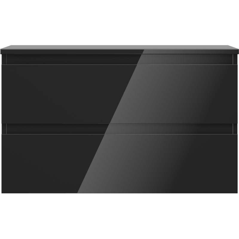 Underskap til servant i svart høyglans med to brede skuffer uten håndtak, sett forfra.
