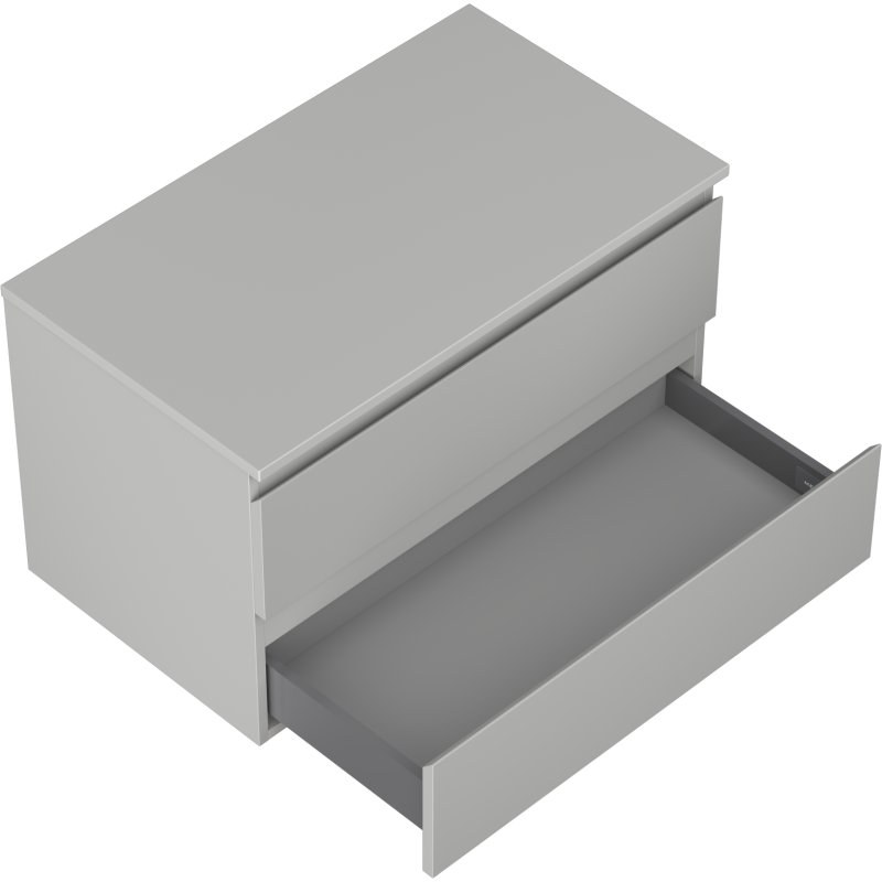 Servantskap til bad 80 cm grå matt med én stor skuff trukket ut, sett skrått ovenfra.