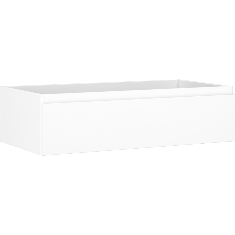 Servantskap 90 cm hvit matt med én skuff, sett fra skrå vinkel uten synlige håndtak.