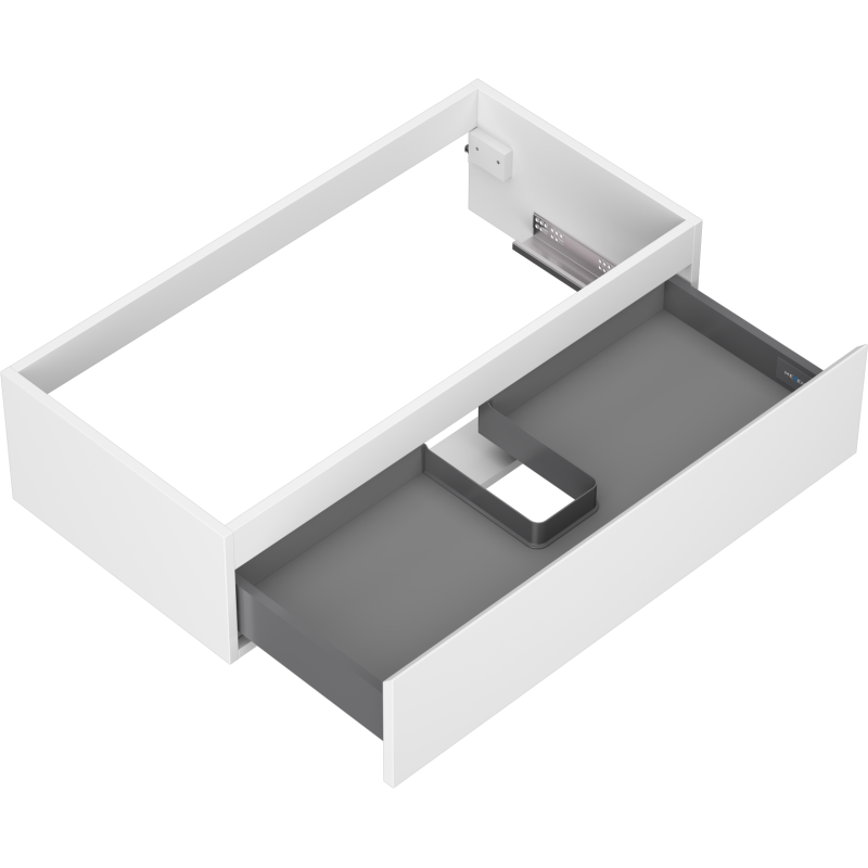 Servantskap uten vask 90 cm hvit matt med én skuff og grå innside, sett skrått ovenfra.