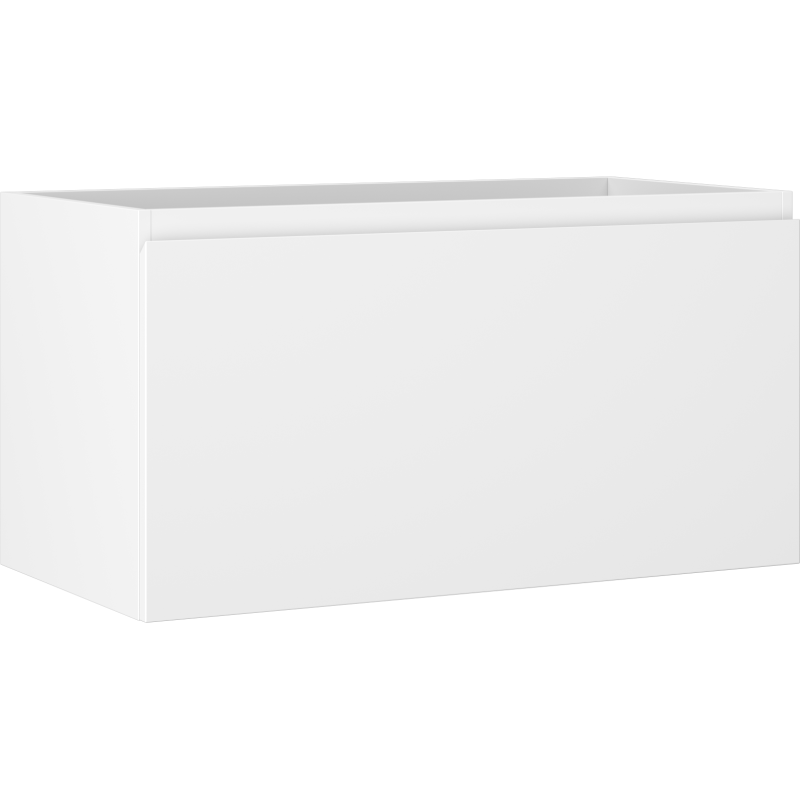 Servantskap 90 cm hvit matt med én skuff, sett fra skrå vinkel mot front og venstre side.