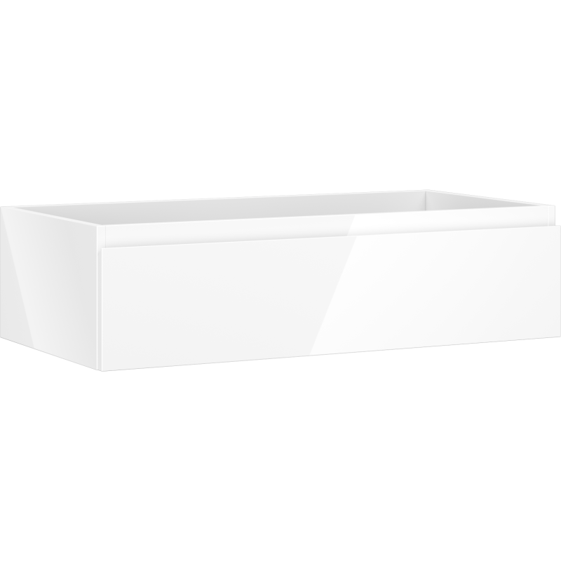 Servantskap 90 cm i hvit høyglans med én skuff, sett fra skrå vinkel foran.