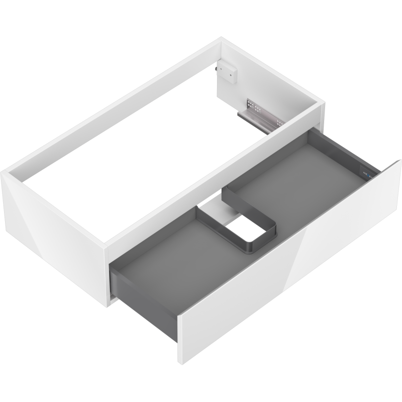 Servantskap uten vask 90 cm hvit høyglans med én skuff og grå innmat sett ovenfra i vinkel.