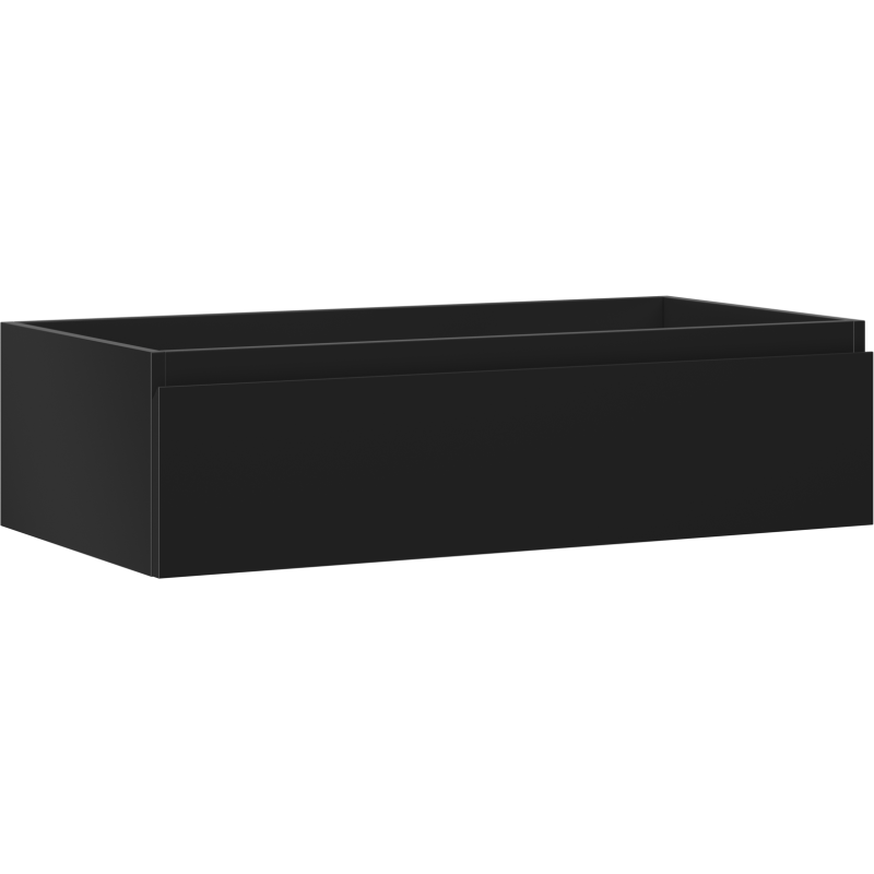 Servantskap 90 cm svart matt med én åpen skuff, vist fra skrå vinkel i minimalistisk design.