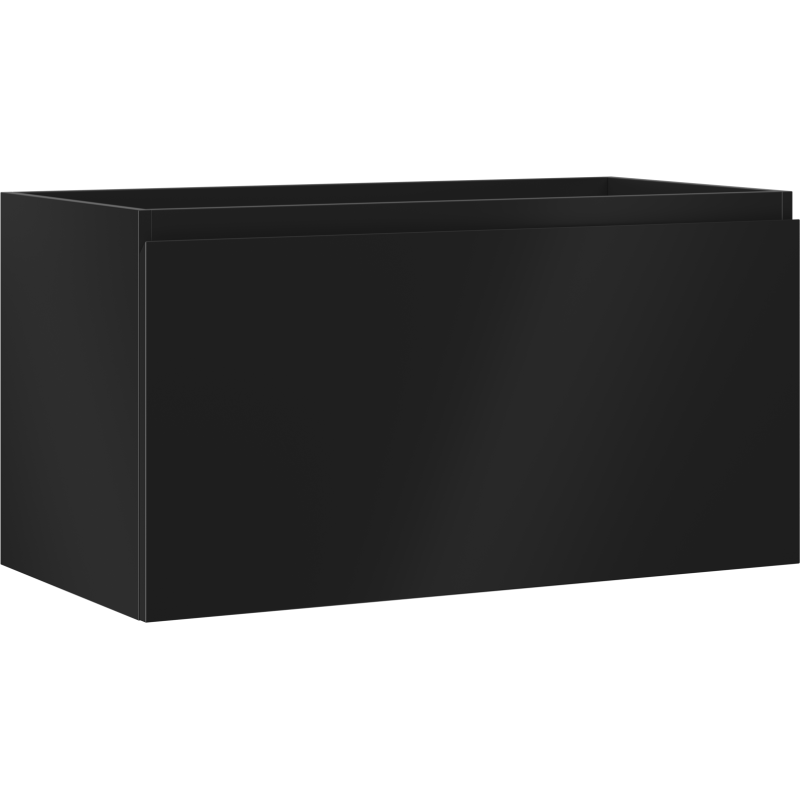 Servantskap 90 cm i matt svart med én skuff, sett fra skrå vinkel uten synlige håndtak.
