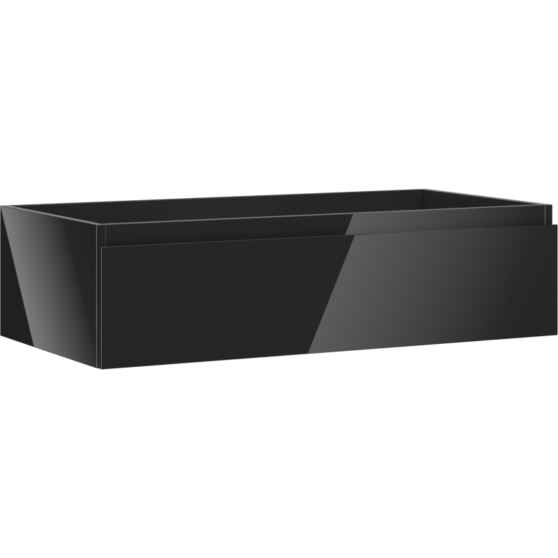 Servantskap 90 cm svart høyglans med én skuff, sett fra høyre side uten synlige håndtak.