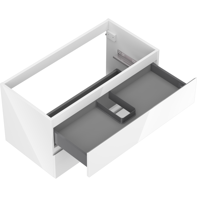 Servantskap uten vask 90 cm hvit høyglans med stor uttrekksskuff og grå innmat, sett skrått ovenfra.