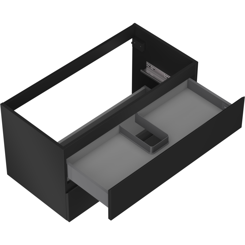 Servantskap uten vask svart Mexen Orio 90 cm med åpen grå skuff og integrert oppbevaringsboks.