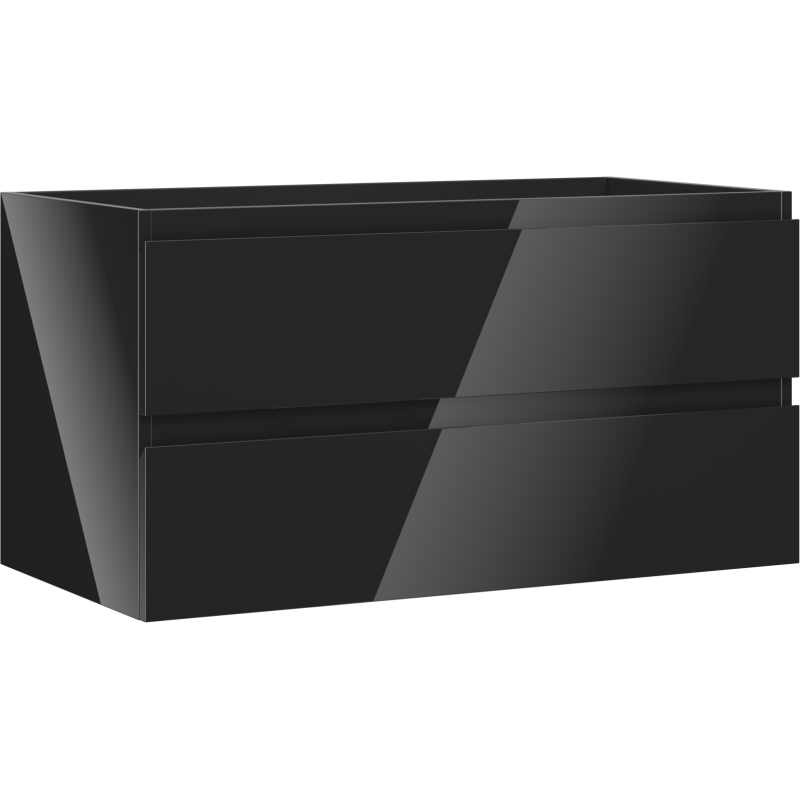 Servantskap 90 cm svart høyglans med to skuffer uten håndtak, sett fra skrått sideperspektiv.