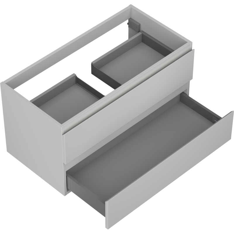 Servantskap til bad 90 cm Mexen Orio i grå matt med to skuffer, hvorav én er trukket ut.