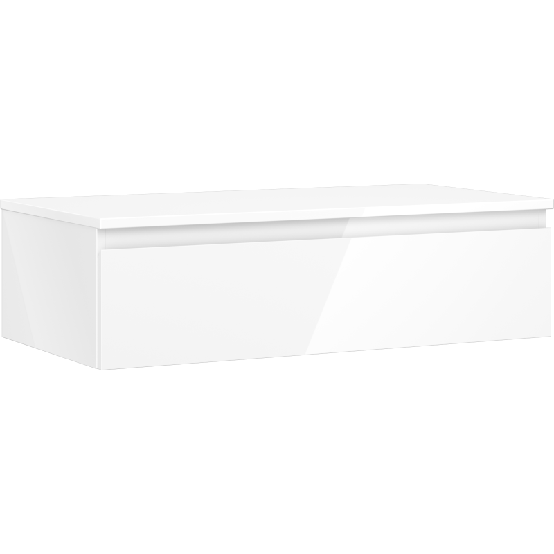 Servantskap 90 cm hvit høyglans med én skuff og moderne, håndtaksløs design sett skrått forfra.