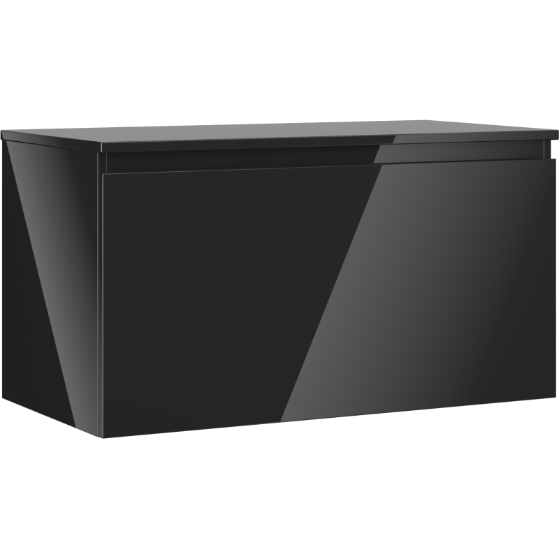 Servantskap 90 cm svart høyglans, sett fra hjørne, viser front og side med blank overflate.