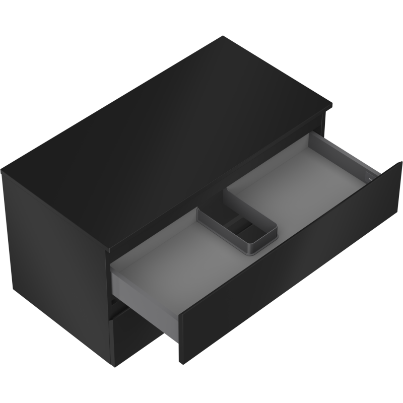 Servantskap uten vask svart matt Mexen Orio 90 cm, sett skrått ovenfra med åpen skuff.