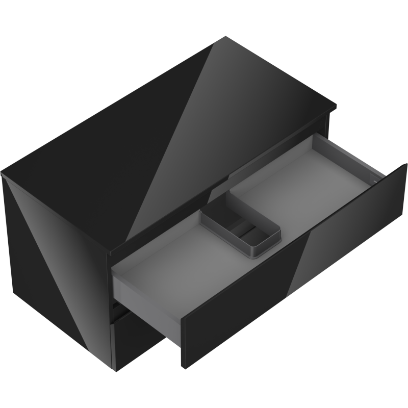 Servantskap uten vask svart høyglans Mexen Orio 90 cm med åpen skuff og innvendig inndeling.