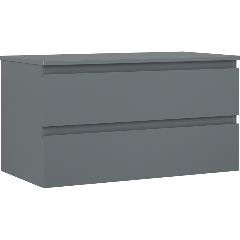 Servantskap 90 cm grafitt matt med to skuffer uten håndtak, sett fra skrå vinkel foran.