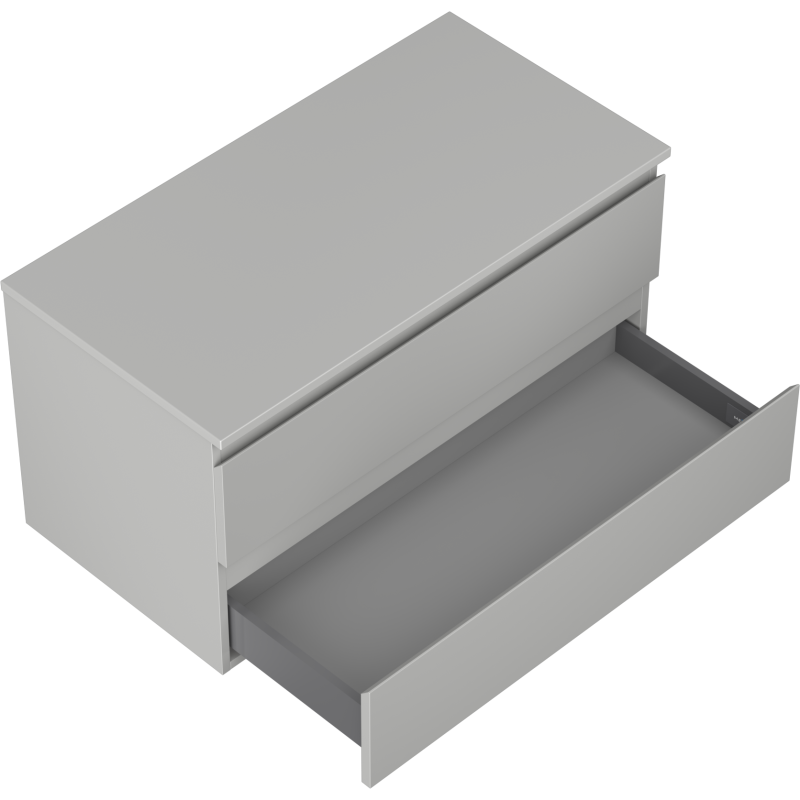 Servantskap til bad 90 cm Mexen Orio grå matt med én åpen skuff, sett skrått ovenfra.