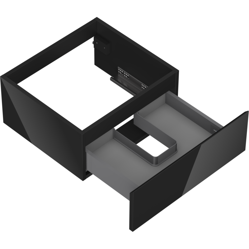 Servantskap uten vask svart høyglans Mexen Orio 50 cm med åpen U-formet skuff sett skrått ovenfra.
