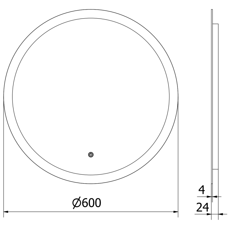 Speil med lys teknisk tegning av rundt LED-speil, diameter 60 cm, tykkelse 24 mm, detaljert med 4 mm lag.