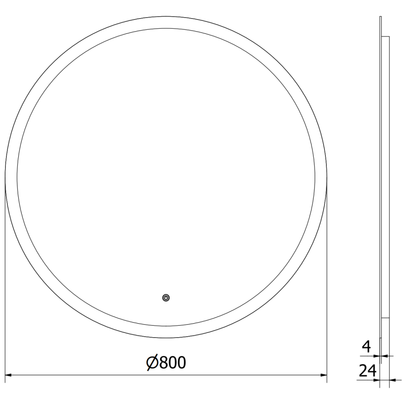 Speil med lys teknisk tegning av rundt speil 80 cm, front- og sidevisning med mål og lagtykkelse.