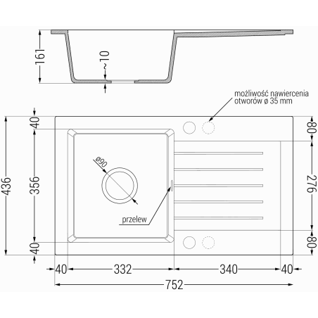 Pablo Kjøkkenvask 1 Kum Med Avrenning 752 x 436 mm, Hvit, Vannlås Gull - 6510751010-20-G