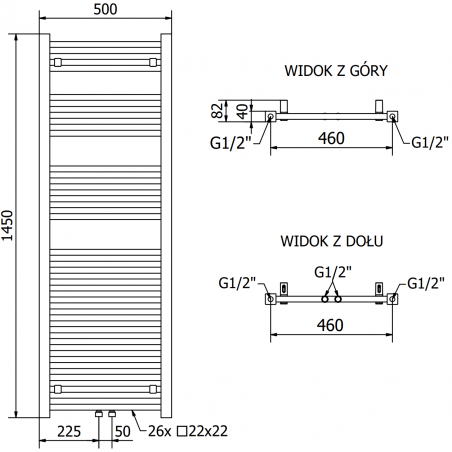 Håndkletørker Pluton 1450 x 500 mm, 900 W, Sort