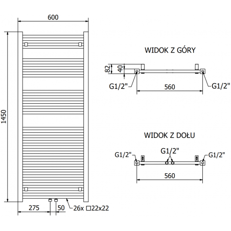 Håndkletørker Pluton 1450 x 600 mm, 900 W, Hvit