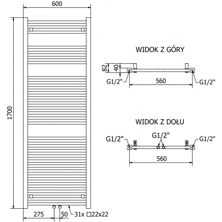 Håndkletørker Pluton 1700 x 600 mm, 900 W, Hvit