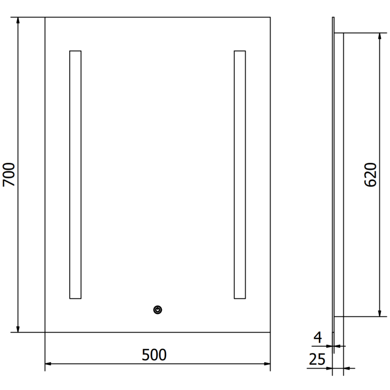 Speil til bad teknisk tegning av rektangulært LED-speil Mexen Remi 50 x 70 cm med mål og detaljer.