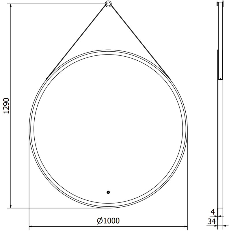 Speil med lys teknisk strekillustrasjon av rundt LED-speil Mexen Reni 100 cm med mål og sideprofil.