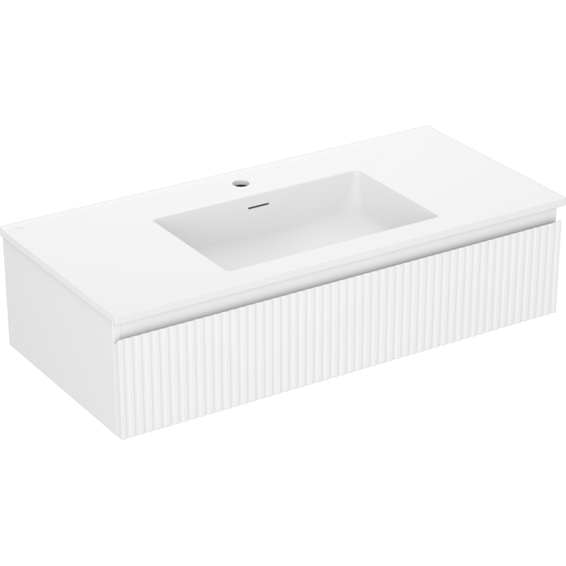 Servantskap med vask 100 cm hvit matt med vertikale riller, sett skrått forfra.
