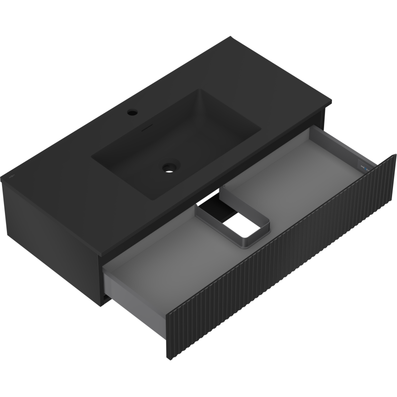 Baderomsskap med vask Mexen Rivel 100 cm i svart matt med stor skuff og vertikale riller, sett skrått.