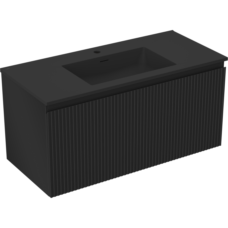 Servantskap med vask 100 cm svart matt med én skuff, rillefront og integrert rektangulær servant.