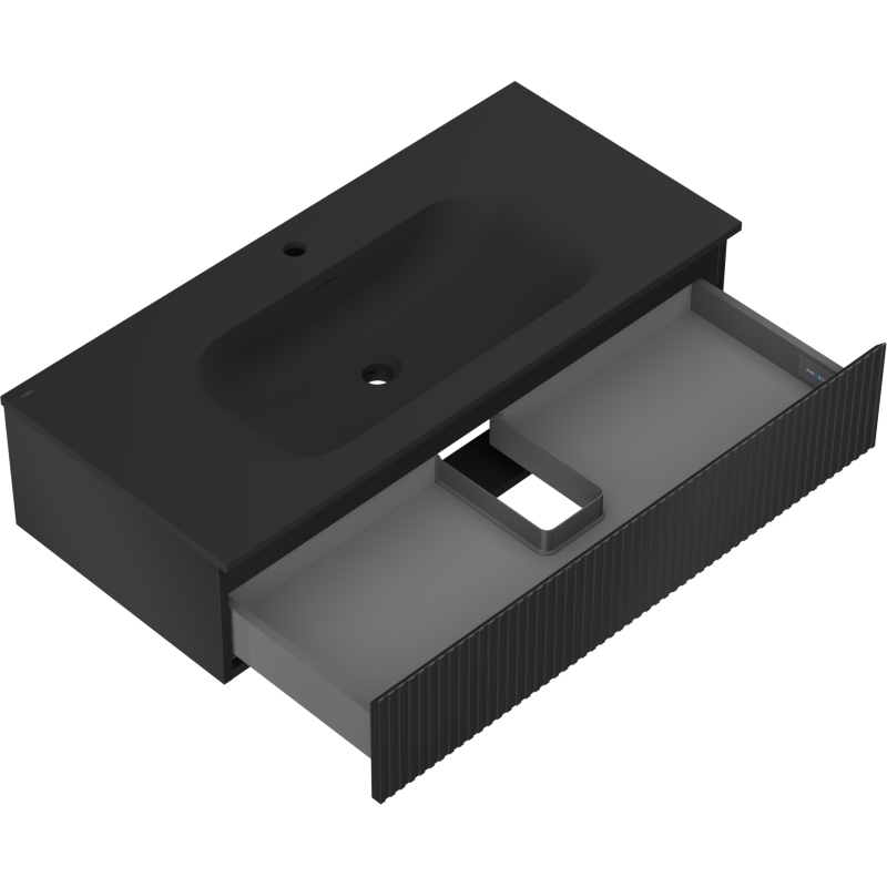 Baderomsskap med vask 100 cm svart matt, sett ovenfra med U-formet skuff og rillemønstret front.