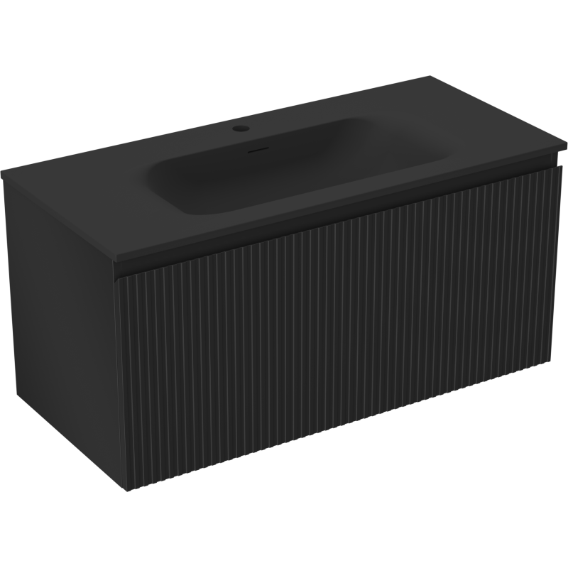 Servantskap med vask 100 cm Mexen Rivel i matt svart med vertikale riller og rund servant.